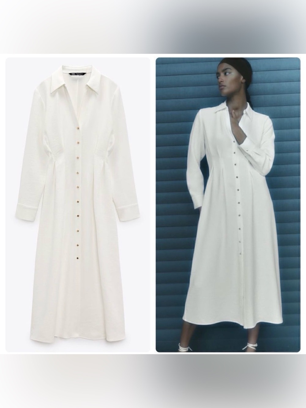 NWT Zara White Long-Sleeve Button-Front Shirt Dress